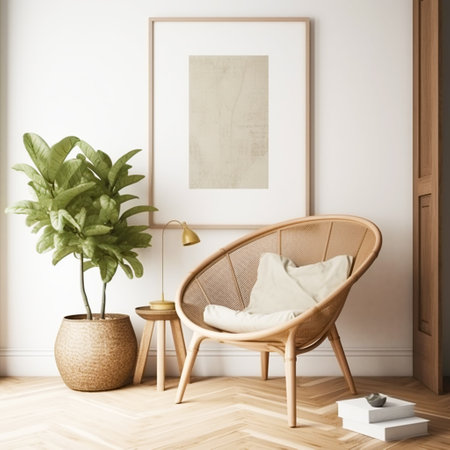 Wicker straw armchair in a bright room. Painted details of the living room interior. A reading chair, a poster and a flower in a floor pot.の素材
