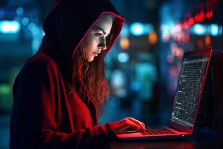 Young woman with a hood on her head in front of laptop screen. Cyber crime concept, hacker, network security.の素材