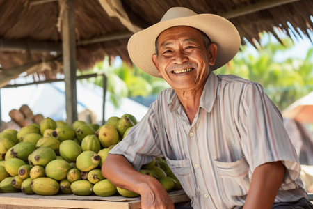 mature asian man farmer with a straw hat at a fruit stand at the market. A friendly farmer sells fresh exotic fruits.の素材