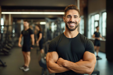 Attractive muscular man in sportswear stands against the backdrop of a gym and exercise equipment. Personal trainer in a sports club smiles and looks at the camera.の素材