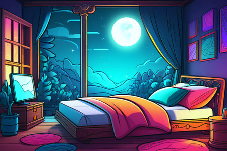 Empty bedroom with a bed, nightstand and large panoramic window. Moonlight illuminates the empty room. World sleep day background.の素材