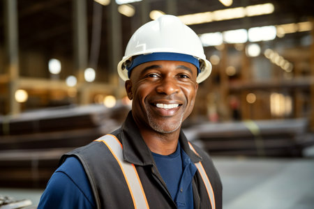 Middle-aged black man in work clothes and a hard hat stands against the background of a warehouse and smilesの素材
