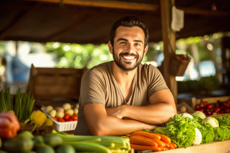 attractive man farmer at a vegetable stand at the market. A friendly farmer sells fresh vegetables.の素材