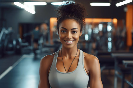 Attractive black woman in sportswear stands against the backdrop of a gym and exercise equipment. Personal trainer in a sports club smiles and looks at the camera.の素材