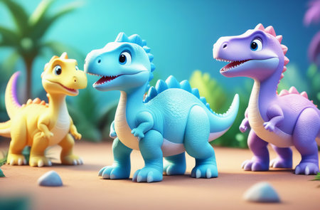 Three cute little dinosaurs on a lawn with bright flowers and shrubs. A toy good-natured dragon.の素材