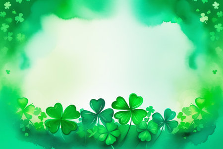 Background with shamrock and clover painted in watercolor. Patrick's Day background, party Invitation Design, template. Space for text in the center.の素材