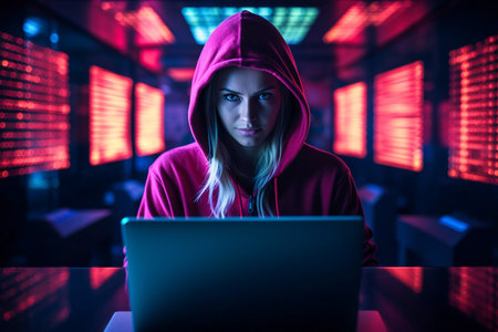 Young woman with a hood on her head in front of laptop screen. Cyber crime concept, hacker, network security.の素材