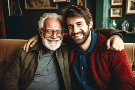 Mature man with a gray beard hugs his son. The relationship between father and son, parental love.の素材