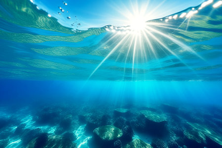 Background view from under the blue water of the ocean with the sun's rays breaking through.の素材
