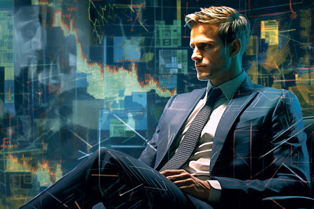 Attractive man in a business suit on a futuristic abstract background. Financial consultant, broker, dealer. The concept of a successful career in the financial sector.の素材