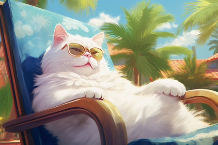 white fluffy cat in sunglasses is resting on a sun lounger. The concept of a beach holiday, vacation in a tropical country.の素材