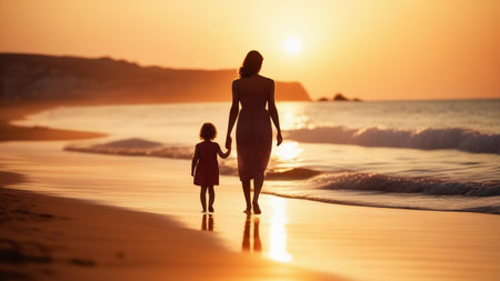 Mom and little child walk along the edge of the sea during sunset. Summer family holiday concept, space for text.の素材