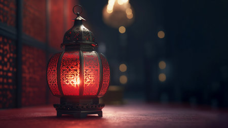 Eid mubarak background with lantern. Banner with free space for text. Ramadan Kareem beautiful glowing lantern on the islamic background. Generated by AIの素材
