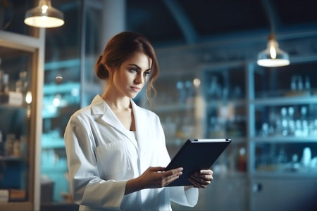 Woman in a white medical coat takes notes on a tabletの素材