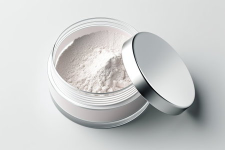 jar of white powder. An open jar with a metal lid with cosmetic powder on a white background.の素材