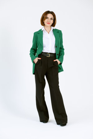 Portrait of a confident business woman in a green jacket on a white background. Full-length portrait of a middle-aged woman in black trousersの写真素材