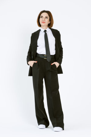 Portrait of a confident business woman in a black pantsuit and a white blouse on a white background. Full-length portrait of a middle-aged woman in black trousersの写真素材