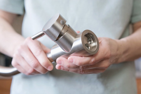 Close-up of hands adjusting a stainless kitchen faucet. Checking the serviceability of a single-valve kitchen faucet.の写真素材
