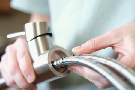A close-up of a mixer with flexible hoses for cold and hot water installed. Preparing to replace the kitchen faucet.の写真素材