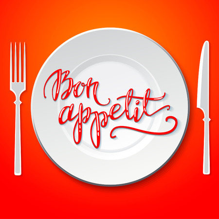 Vector illustration of "Bon appetit" Hand lettering on a background of white plate with knife and fork.のイラスト素材