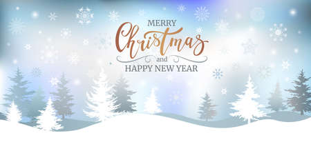 Merry Christmas postcard with winter forest. Festive banner.のイラスト素材