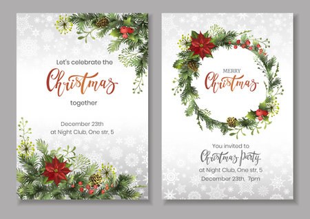 Christmas flyers or party invitation template with pine tree branches and cones, holly berries, poinsettia. Vector colorful illustration for celebratory event announcement.のイラスト素材