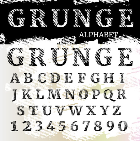 Grunge letters and numbers. Grunge font. Textured alphabet.のイラスト素材