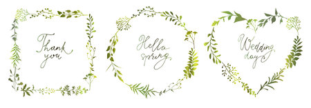 Set of green floral frames of different shapes with meadow herbs and lettering inscriptions. Floral wreaths. Element design.のイラスト素材