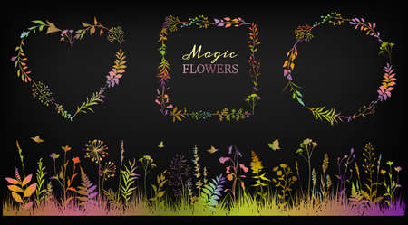 Set of colorful neon floral frames and field of wild flowers on black background. Floral design.のイラスト素材