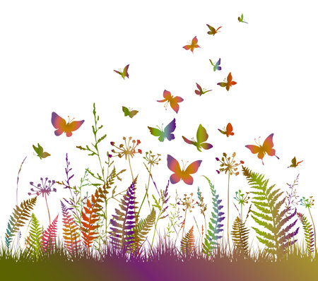Floral colorful background with silhouettes of fern, flowers and butterflies. Spring or summer background.のイラスト素材