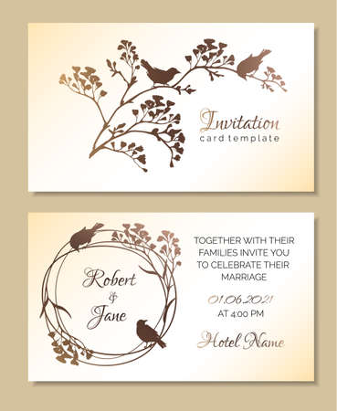 Horizontal wedding invitation design or greeting card templates with flowering branches and birds.のイラスト素材
