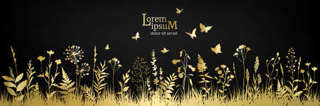 Floral field with golden flowers and herbs on black background.のイラスト素材