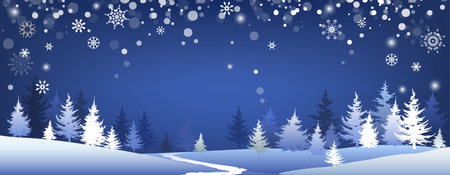 Blue winter background. Merry Christmas postcard template with winter forest and space for text. Festive banner.のイラスト素材