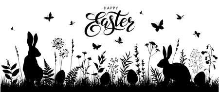 Easter black background with rabbits, eggs and spring fields.のイラスト素材