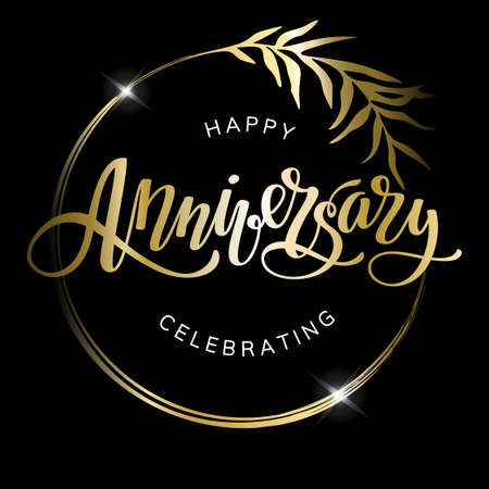 Happy anniversary golden sign with lettering and decorative branch on black background. Typography design. Greeting card.のイラスト素材
