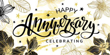 Happy anniversary lettering phrase with brush strokes and flowers. Typography design. Greeting card.のイラスト素材