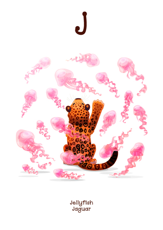 English Alphabet series of Amusing Animals. Cartoon illustration for letter J: Jellyfishes, Jaguar. Abc animals posters collection. Wall art for kids. Baby pics. Hand drawn creatures. EPS 10のイラスト素材
