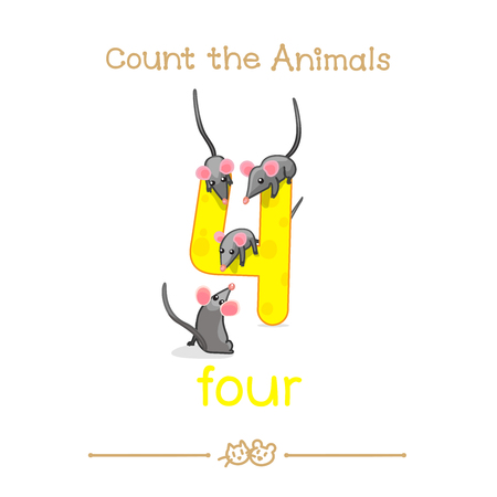vector cartoon illustration for four, 4 counting with series of "Count the Animals". Baby shower. School manual for teachers. Symbol and designation. Clipart isolated on white background. EPS 10のイラスト素材