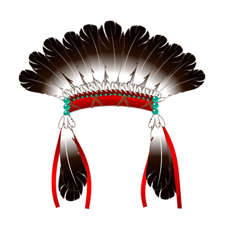 Vector shirt light Indian war bonnet. Dark brown turquoise crown diadem head wreath halo decoration headband. Clipart isolated on transparent background.のイラスト素材