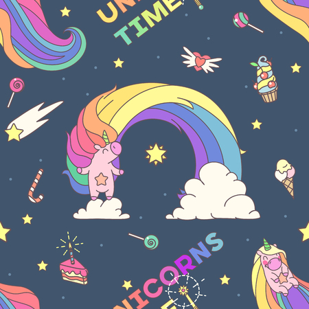 Vector cute seamless pattern. Colorful unicorns texture concept. 001のイラスト素材