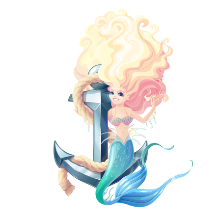 vector cartoon cute mermaid and anchor with ropeのイラスト素材