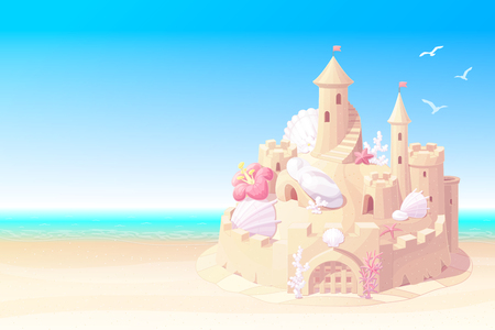 vector summer cartoon sea beach sandcastle sunny bannerのイラスト素材