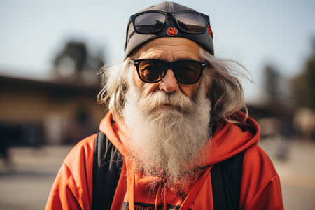 Bearded man skateboarding in retro skate park setting with muted colors, evoking nostalgiaの素材