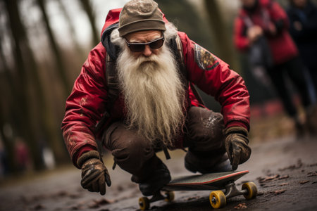 Elderly bearded man skateboarding with nostalgic retro vibe at colorful skate park sceneの素材