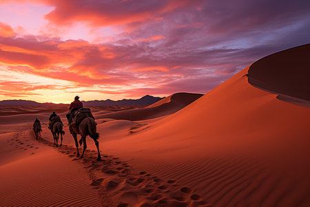 Desert landscape at sunset with camels, pink skies, sun setting over horizon, sand dunes stretchの素材