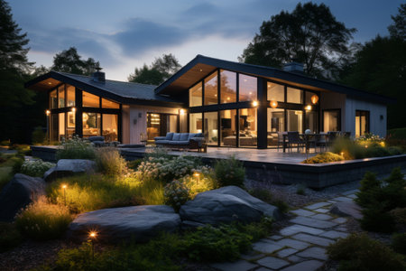 Eco friendly suburban house with photovoltaic system on roof, driveway, and landscaped yardの素材