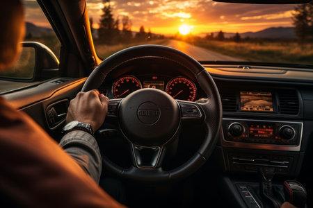 Closeup of hands on steering wheel driving on road trip during summer vacation at sunsetの素材