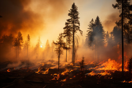 Devastating wildfire ravaging dense forest, environmental havoc and ecological threatの素材