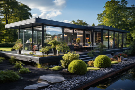 New suburban house featuring modern eco-friendly design with photovoltaic system and solar panelsの素材