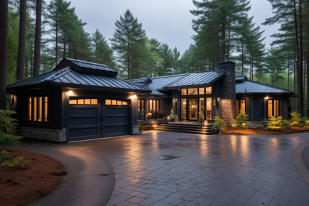 Modern eco-friendly suburban house with photovoltaic system and solar panels on roofの素材
